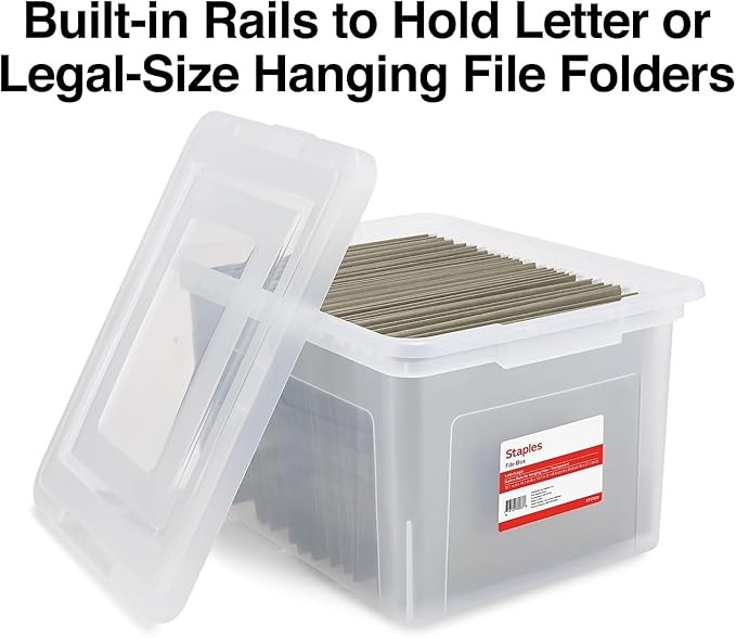 STAPLES Hanging File Folder Box, Storage Bin Organizer, Snap Lid, Letter & Legal Size Documents, Clear
