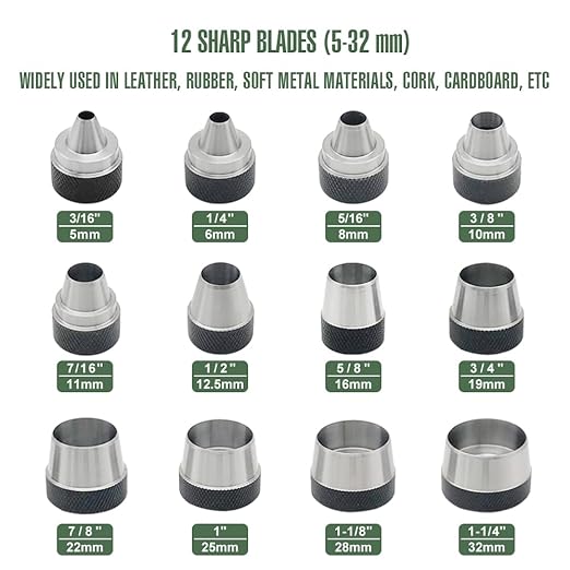 12 in 1 Gasket Punch Set with Sharp Leather Hole Punches, Hollow Punch Set for Leather, 3/16'' to 1-1/4'' Hole Punch Kit with Handle