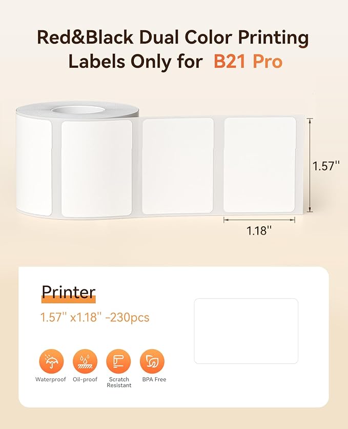 NIIMBOT B21 Pro Label Maker Refill - 300DPI Red & Black Dual Color Sticker Paper (1.57"x1.18"/40x30mm) for School, Office, Retail, Baking & Safety Labels - Compatible with B21 Pro Only