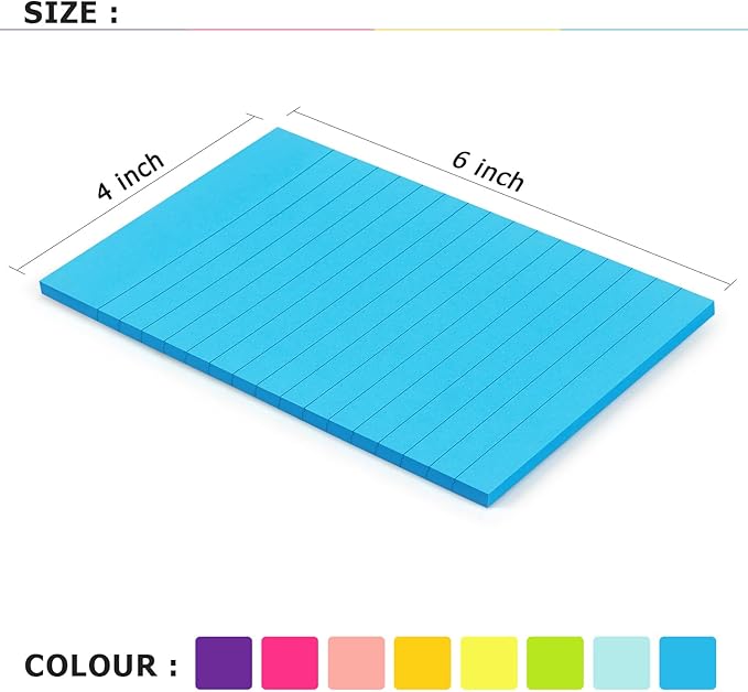 Eastern Wolf 8 Pads Lined Sticky Notes 4x6 Sticky Notes with Lines Self-Stick Note Pads 8 Bright Multi Colors, 35 Sheet/Pad