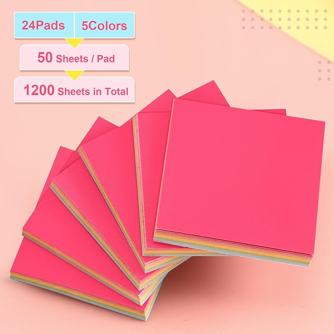 Thenshop 24 Packs Sticky Notes 3x3 Bulk Gradient Colorful Self Stick Note Pads Paper Memo for Office School Notebook Supplies 50 Sheets Pad(Bright Color)