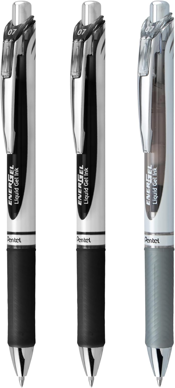 Pentel EnerGel RTX Retractable Liquid Gel Pen, 0.7mm, Scholar Hue, 2 Black and 1 Gray Ink, Pack of 3 Pens (BL77LEFBP3M)
