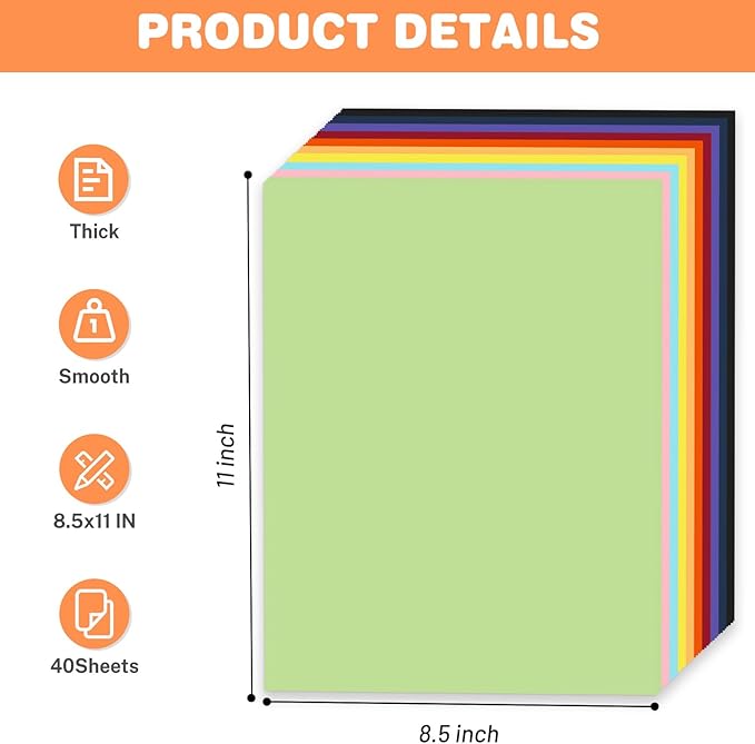 Cardstock 8.5 X 11, 40 Sheets 10 Colors Card Stock, 75lb/ 200gsm Copy Paper, Cardstock Printer Paper For Art, Drawing, Invitations, DIY Cards, Watercolor, Craft, Construction, School & Office Supplie