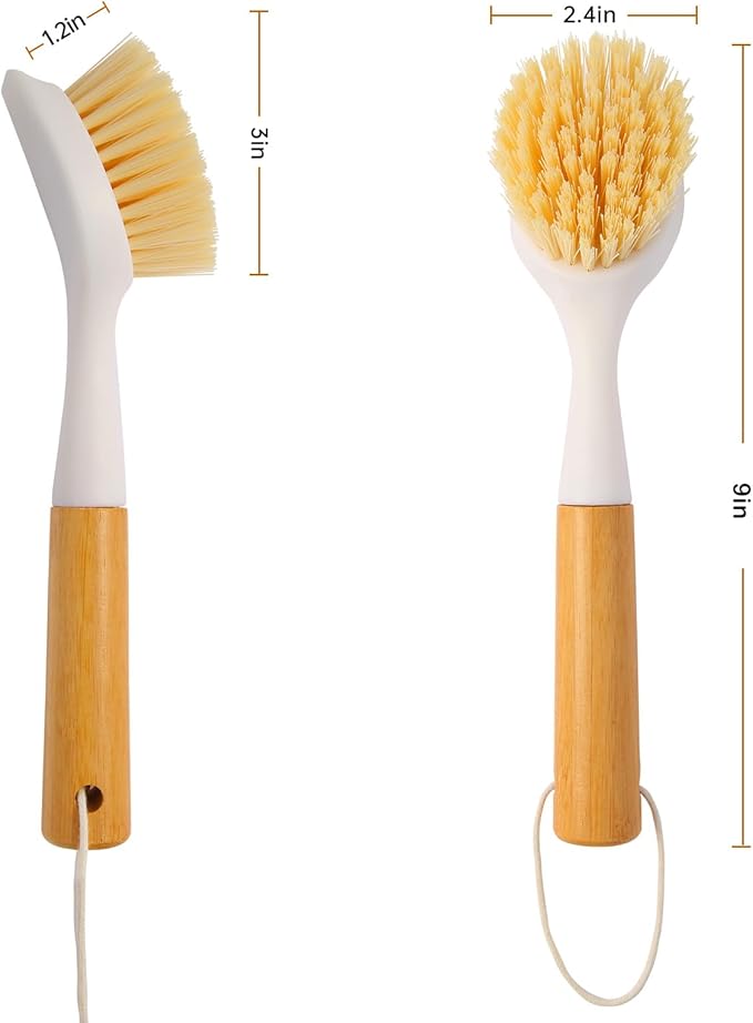 Cooptop 3 Pack Dish Brush Set with Bamboo Handle, Dish Scrubber Built-in Scraper, Kitchen Scrub Brush for Cleaning Cast Iron Cookware, Pans, Pots, Counter & Kitchen Sink (White)