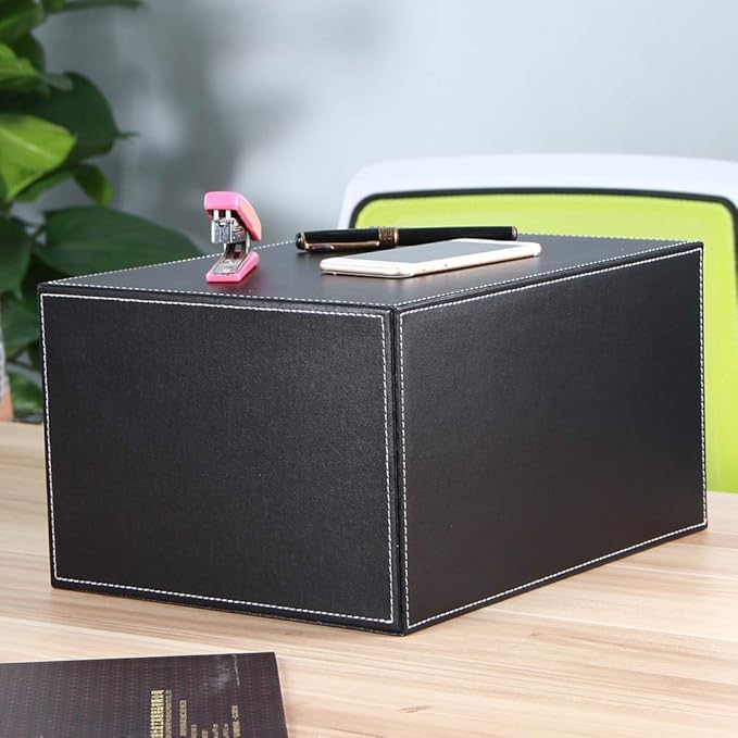High-end PU Leather Desk Organizer File Cabinet Executive Office Supplies Desktop Filing A4 File Cabinet Stackable Storage Organizer Box with 3 Drawers (Black)…