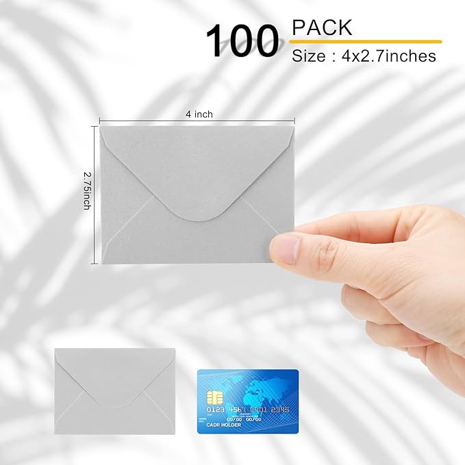 100 Pack 4 x 2.75" Mini Envelopes Metallic Silver 120GSM Gift Card Envelopes Bulk Small Paper Gift Card Sleeves Greeting Card Business Card Tiny Envelope Pockets for Card & Invitation