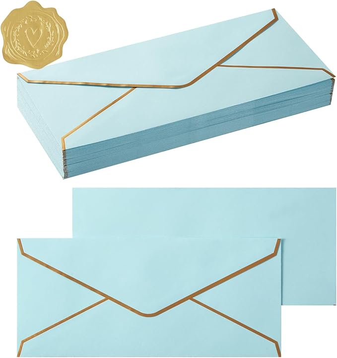 50 Pack #10 Business Envelopes with Gold Border, Self Seal Standard Envelopes with Gold Stickers for Office, Checks, Letter Mailing, Invoices, 4 1/8 x 9 1/2 Inches (Light Blue)