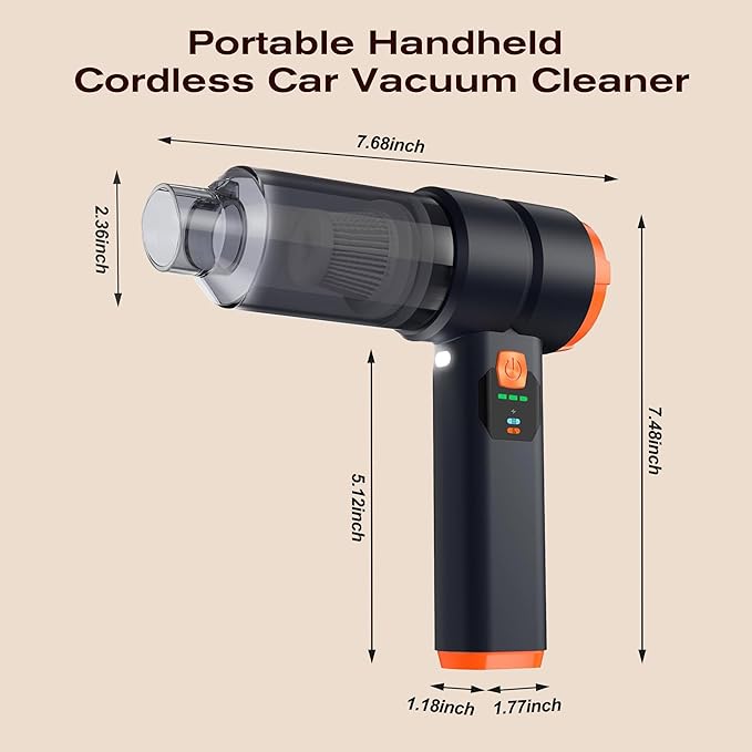 Creims 13000PA Portable Car Handheld Cordless Vacuum Cleaner with High Powerful Mini Cordless Car Vacuum 6800mAh Battery, 10 Nozzles, Rubber Paint Material for Car, Home, Pet Cleaning（Black Orange）