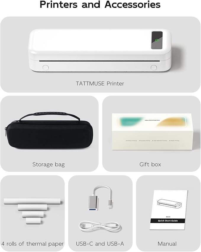 Portable Printers Wireless for Travel, Bluetooth Inkless Thermal Printer, Support 8.5" X 11" US Letter & A4, Small Mobile Printer with Carry Case and 4 Rolls Thermal Paper Kit, for Home Car Receipt