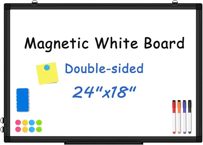 Double-Sided White Board Black Aluminium Frame, 24" x 18" Dry Erase Board Magnetic Whiteboard for Wall, Hanging Mounted Whiteboard Home, School, Office, Kitchen