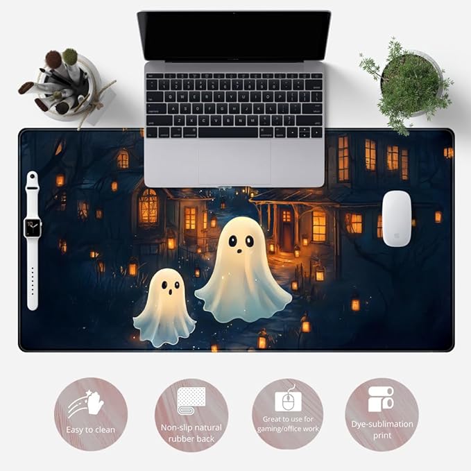 Cute Desk Mat Ghost Cartoon Mouse Pad Haunted House Style Desk Pad, Gaming Mouse Pad XXL Mouse Keyboard Pad Aesthetics Ai Desktop Mat Mouse Pads for Desk Computer Accessory Home Decor 31.5" X 15.7"