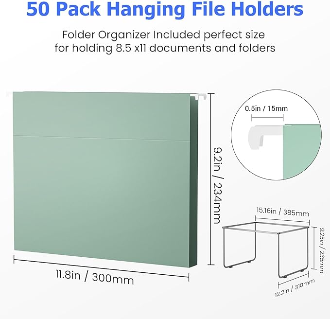 Hanging File Folders Letter Size, Metal File Frame with 50 Pcs Colored Hanging File Folders, 1'' Extension 1/5-Cut Tabs File Organizer Includes Hanging Folders for Desk Office Filing Cabinet