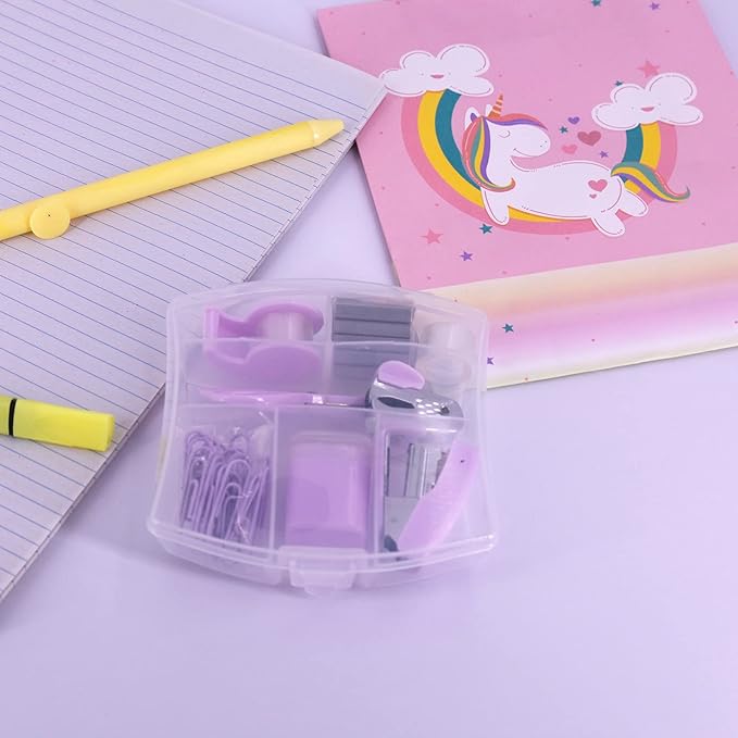 Mini Office Supply Kits – Includes Mini Stapler,Scissors, Staple Remover, Staples, Tape Dispenser (Purple)