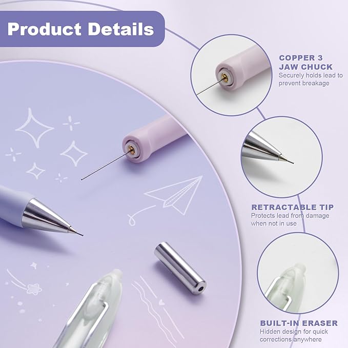 6-Pack 0.7mm Mechanical Pencils with Macaron Colors, Built-In Eraser, Copper Tip, Easy-Load Lead, Metal Clip, Soft Grip, for School, Office, Sketching, Drafting