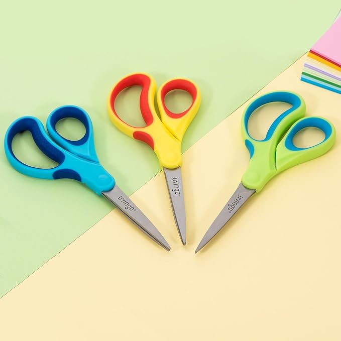 LIVINGO Student Scissors for School: 7 Inch 3 Pack Sharp Pointed Tip Teacher Scissors for Kids Middle High School College Classroom Craft, Comfortable Grip, Right Left Handed, Blue, Green, Yellow