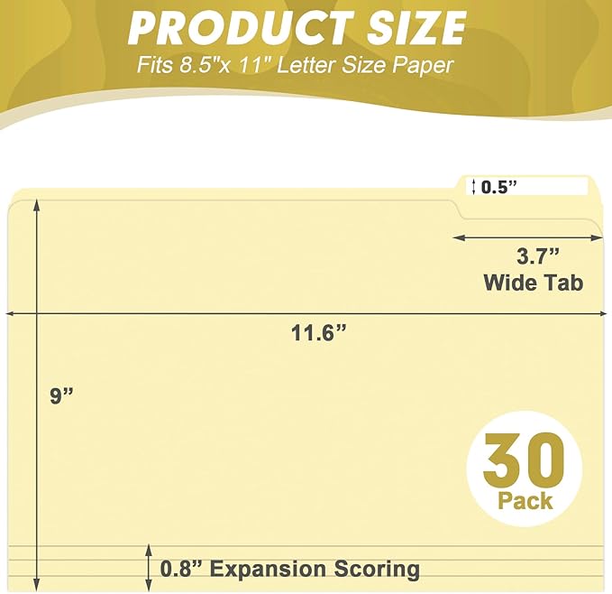 Manila Folders, HERKKA 30 Pack 1/3 Cut Tab File Folders, Manila Folders 8.5 x 11 Designed for Office and Classroom Use, Letter Size