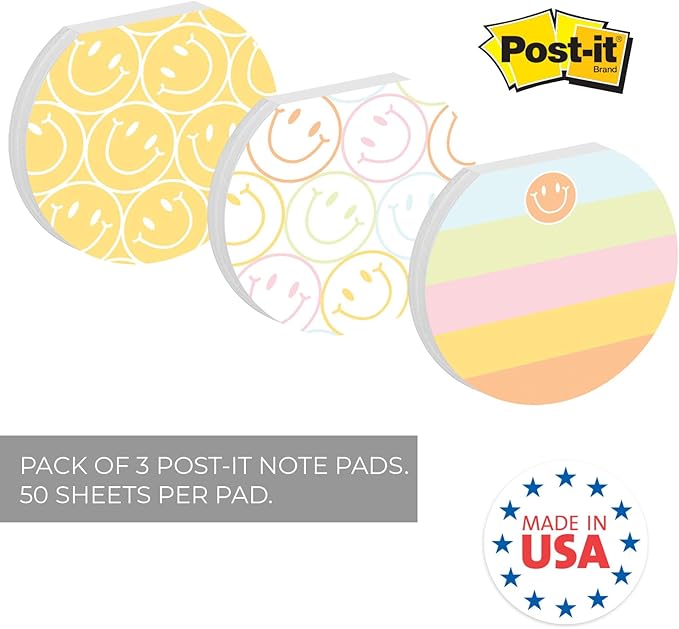 Gotcha Covered Notebooks Smiley Face Sticky Note Pad Assortment/Set Of 3 Round Flat Top Happy Note Pads / 3.5" Retro Rainbow Sticky Notes / 50 Sheets Per Pad/Made In USA