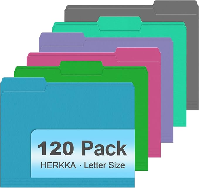 File Folder, HERKKA 120 Pack 1/3 Cut Tab File Folders, Letter Size, Assorted 6 Colors, Colored File Folders Designed for Office and Classroom Use