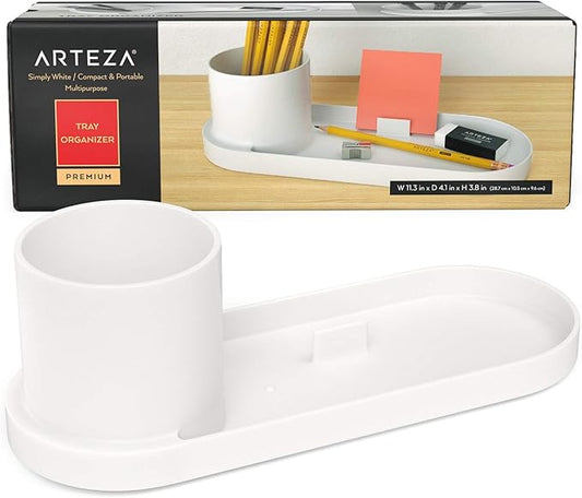 Arteza Office Desk Organizer, 11.3 x 4.1 x 3.8 inches, Modern Ivory Pen Holder with Phone Compartment, Desk Accessory for Stationery and Art Supplies