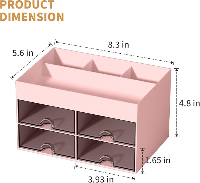 Marbrasse Pen Organizer with 4 Drawer, Multi-Functional Pencil Holder for Desk, Desk Organizers and Accessories with 4 Compartments + Drawer for Office Art Supplies (pink)