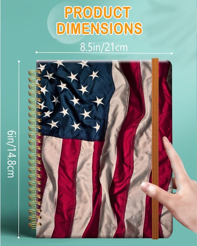 Ruled Spiral Writing Notebook,A5 Hardcover Lined College Journal for Women Girl,Strong Twin-Wire Binding with Premium Paper,8.4" X 6",Perfect for School,Office(Old American Flag)