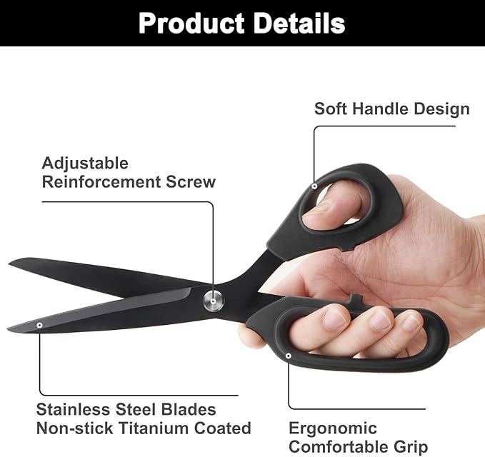 10 inch Black Office Scissors All Purpose, Sewing Scissors for Fabric Cutting, Sharp Titanium Coated Blade, Comfort Grip Soft Handles for Diy Craft, Paper, Art, School, Home