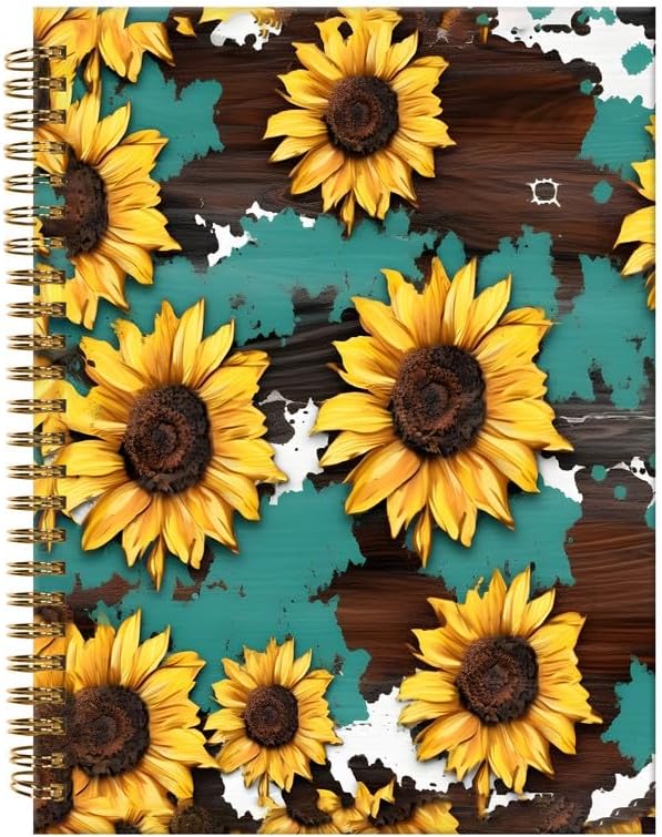 Spiral Journal Notebook,A5 Hardcover Lined Journals for Women Girl 6 x 8.3 in,120 Pages Thick Paper,Cute College Ruled Writing Notebook for Gifts Office Work School(Sunflower Cow Wood Grain)