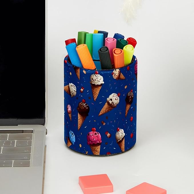 Leather Pen Holder for Desk Ice Cream Cone Pencil Cup Desktop Organizer Makeup Brush Holders Office Supplies for Home, Kids & School