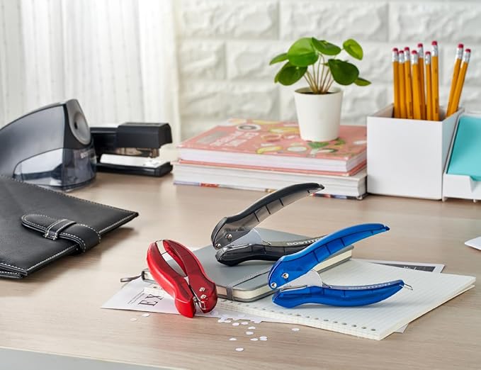 Bostitch EZ Squeeze Hole Punch - 3-Pack, Single Hole Punch 10 Sheet Capacity, Ideal for Kids and Adults, Black, Red and Blue