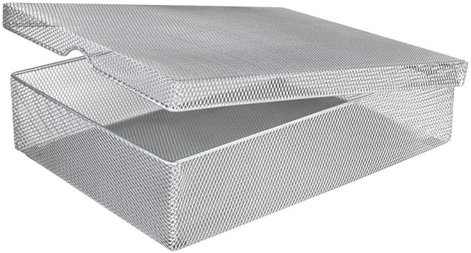 YBM HOME Silver Hinged Mesh Pencil Box Holder and Desktop Organizer for Office, Small Metal Box Storage Box with Lid for Markers, Pens, Erasers, Office Supplies - 1-Unit, Medium 2376