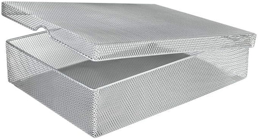 YBM HOME Silver Hinged Mesh Pencil Box Holder and Desktop Organizer for Office, Small Metal Box Storage Box with Lid for Markers, Pens, Erasers, Office Supplies - 1-Unit, Medium 2376