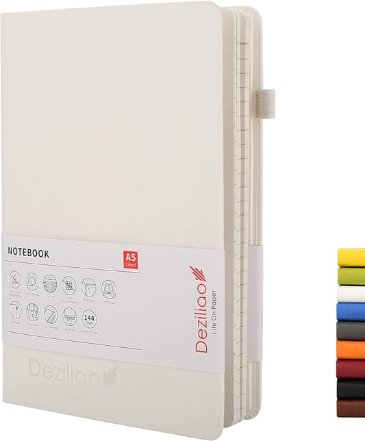 Deziliao Lined Journal Notebooks with Pen Loop, Hardcover Notebook Journal for Work, 100Gsm Premium Thick Paper with Inner Pocket, Medium 5.7"x8.4", （White, Ruled）
