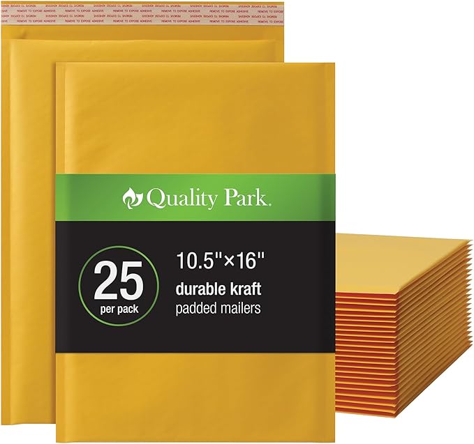 Quality Park Large Bubble Mailers, 10.5 x 15 Shipping Envelopes, Durable Brown Kraft Padded Envelopes, Redi-Strip Peel Off Closure, 25/Box (QUA85763)