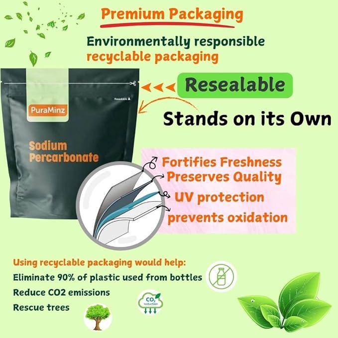 Premium Sodium Percarbonate - 2 Pounds - Oxygen Bleach/Solid Hydrogen Peroxide. Color-Safe Stain & Grime Remover, Multi-Use Cleaner for Home & Laundry- Packed in Durable Resealable Packaging.