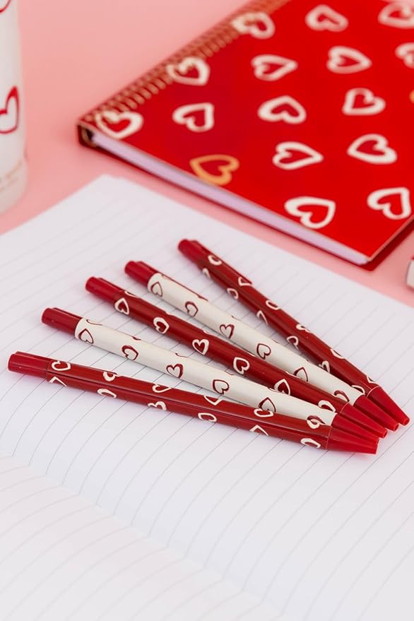 kate spade new york Black Ink Pen Set of 5, Cute Click Pens, Plastic Retractable Pens for Writing and Journaling (Brushstroke Hearts)