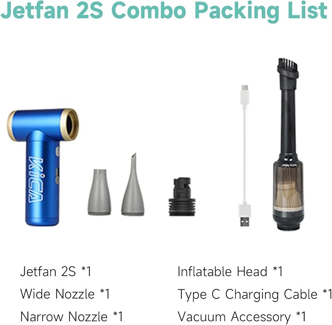 KiCA JetFan 2S Combo Compressed AirCan Substitute,117000RPM Air Duster Electric Blower for ComputerKeyboard Cleaning,Hair Drying,Camping,Outdoors,Car,Barbershop,Handmade,Rechargable,Metal Body,Blue
