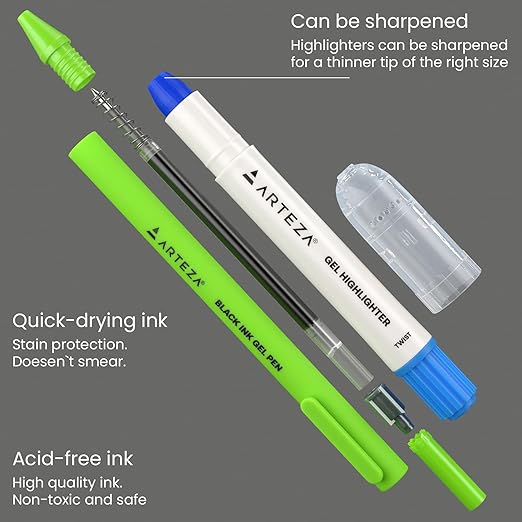 ARTEZA Gel Highlighters and Black Pens – 24-Pack with Sharpener, Smudge-Free, No-Bleed, for Thin Pages, Journaling, Note-Taking, School and Office Use