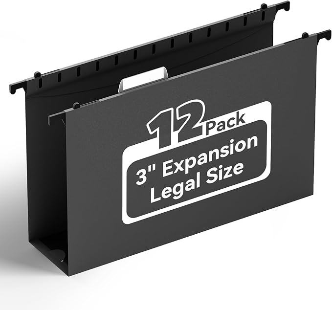ANSOOK Plastic Legal Size Hanging File Folders, 3 Inch Reinforce Expanding File Folder,12 Pack Black Folders,File Cabinet Folders with Insertable Tabs,Accordion File Organizer for Office Home School