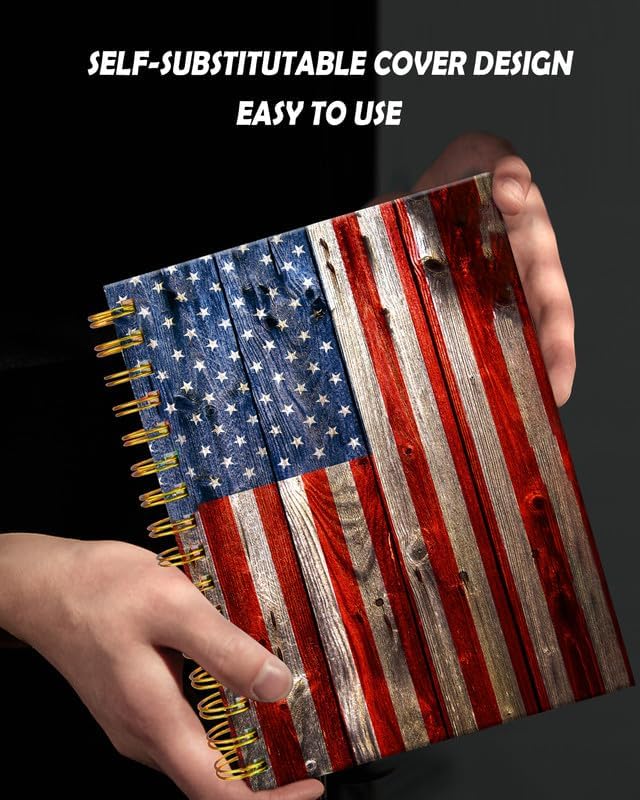 Spiral Journal Notebook for Women,A5 College Ruled Notebooks 6"x 8.4", 120 Pages (60 Sheets) Lined Journal with Premium Thick Paper,Perfect for School Office Home(Wood Grain American Flag)