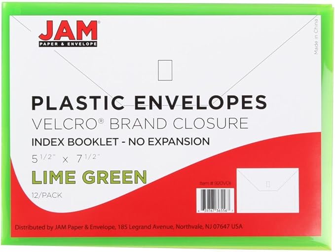 JAM PAPER Plastic Envelopes with Hook & Loop Closure - Index - 5 1/2 x 7 1/2 - Lime Green - 12/Pack