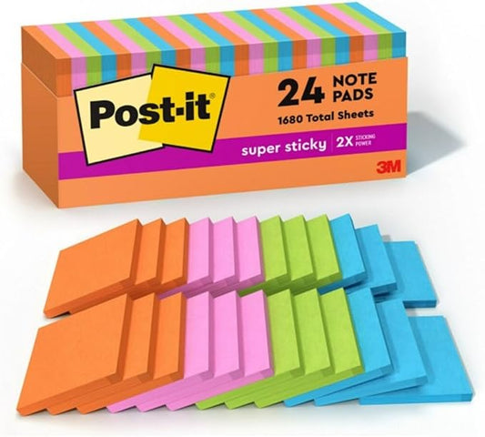 Post-it Super Sticky Notes, 24 Sticky Note Pads, 3 x 3 in., School Supplies, Office Products, Sticky Notes for Vertical Surfaces, Monitors, Walls and Windows, Energy Boost Collection
