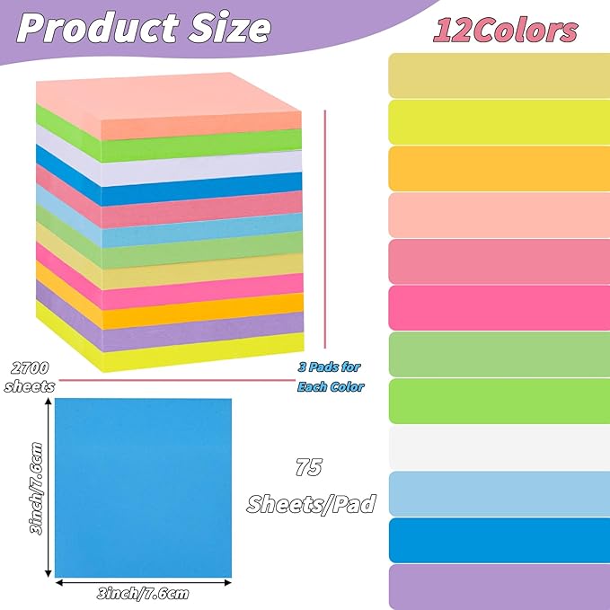 36 PCS Sticky Notes Bulk 3x3 Inch Colorful Sticky Notes 75 Sheets/Pad 12 Colors, Adhesive Sticking Self-Stick Multicolor Memo Note Pads for Teacher Student School Office Meeting Blank Desk Pads