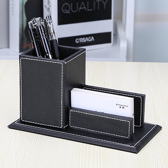 KINGFOM PU Leather Desk Organizer and Accessories, Pencil Holder for Desk with Business Cards Stand, School Office Supplies Collection Caddy Black