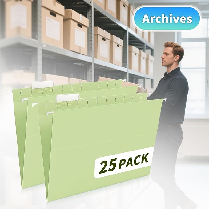 25-Pack Green Hanging File Folders, Letter Size (8.5" x 11") with 1/5-Cut Tabs,Includes 35 Transparent Label Cards & 50 Sticker Labels for Home & Office Organization