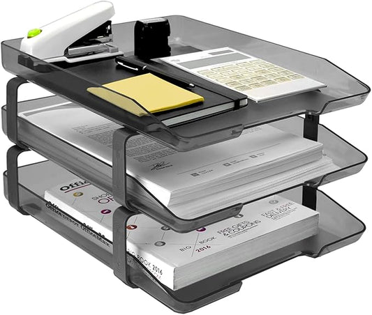 Acrimet Traditional 3 Tier Letter Tray, Front Load Design, A4 Letter Size, Desktop Organizer (Plastic) (Smoke Color)