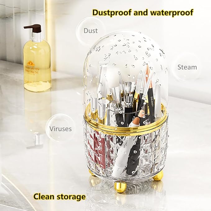 360° Rotating Pencil Holder for Desk, Makeup Brush Holder with 6 Slots, Desk Organizer for Writing Utensil, Office and School Supplies (Clear with cover)