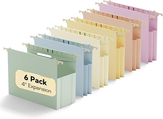 Plastic Hanging File Folders,Letter Size,6 Pack Heavy Duty 4" Expansion,Extra Capacity Hanging Folders with Tabs,Filing Cabinet Organizer for Office Home School,for Bulky Files,Pastel Color