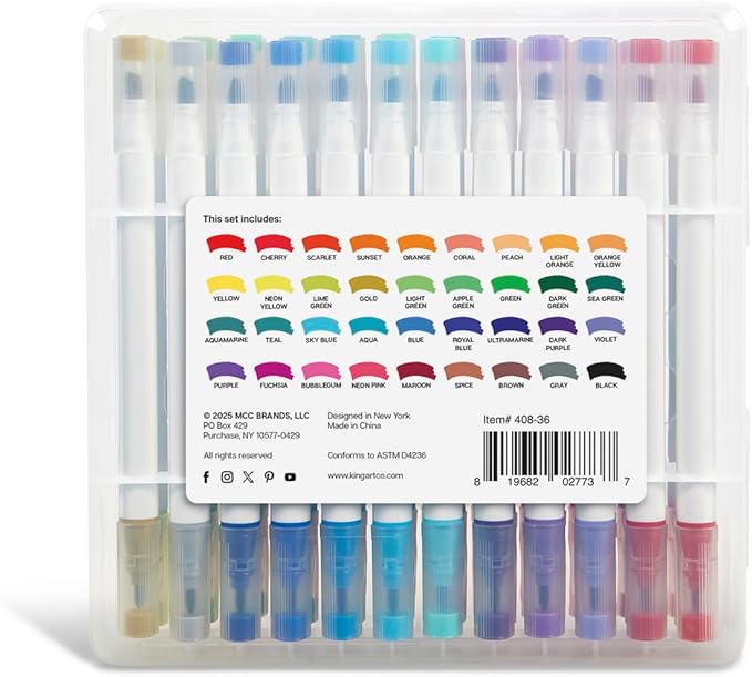 KINGART Chisel & Fine, Travel/Storage Case Dual Tip Markers, Assorted 36 Piece (408-36)