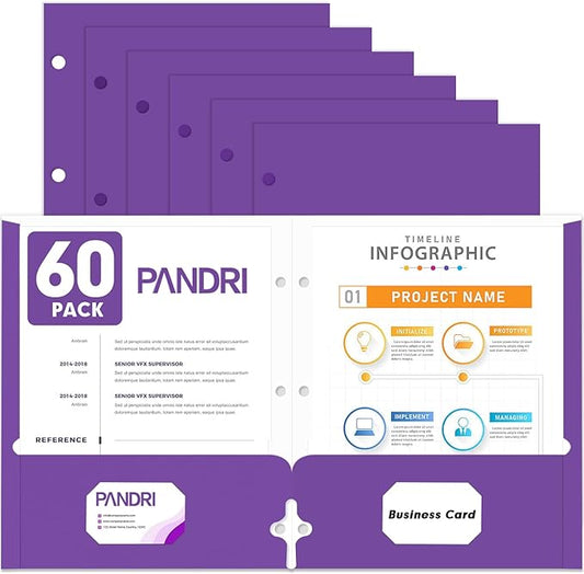 Two Pocket Portfolio Folders, PANDRI 60 Pack 3 Hole Punched 2 Pocket Folders for 3 Ring Binder, Letter Size Paper File Folder for School Office Home Business, Purple
