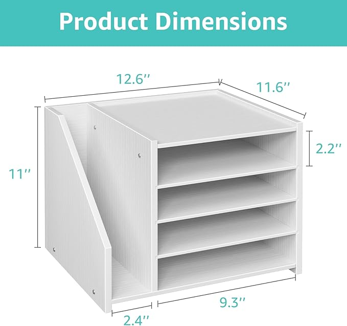 Wood Paper Tray Organizer for Desk - 5 Tier Desk Top File Storage Office Workspace Desktop Organization Stationary Small Wooden Shelf, White